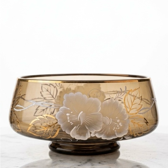 Other - Amber Glass Floral Bowl with Gold Accents